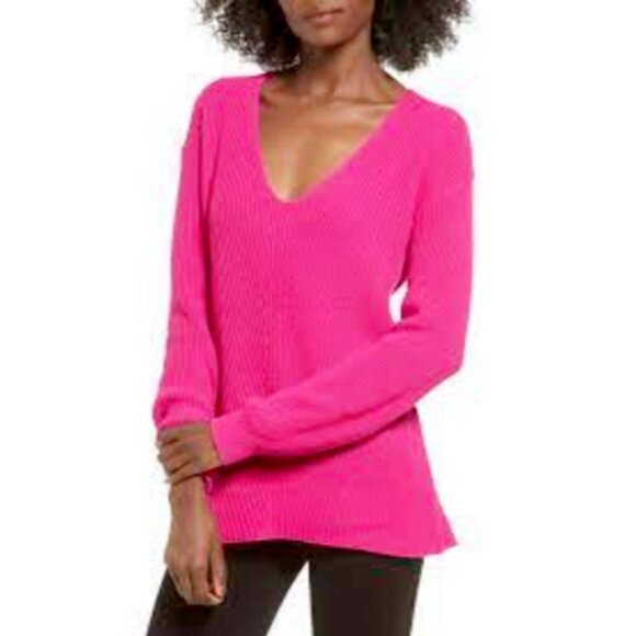 BP Womens Pink Plunging V-Neck Knit Long Sleeve Pullover Sweater - Picture 1 of 5